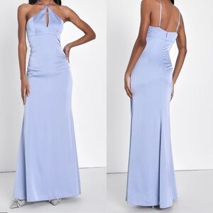 NWT LULU’S Lustrous Love Dusty Blue Satin Halter Cutout Mermaid Maxi Dress Large